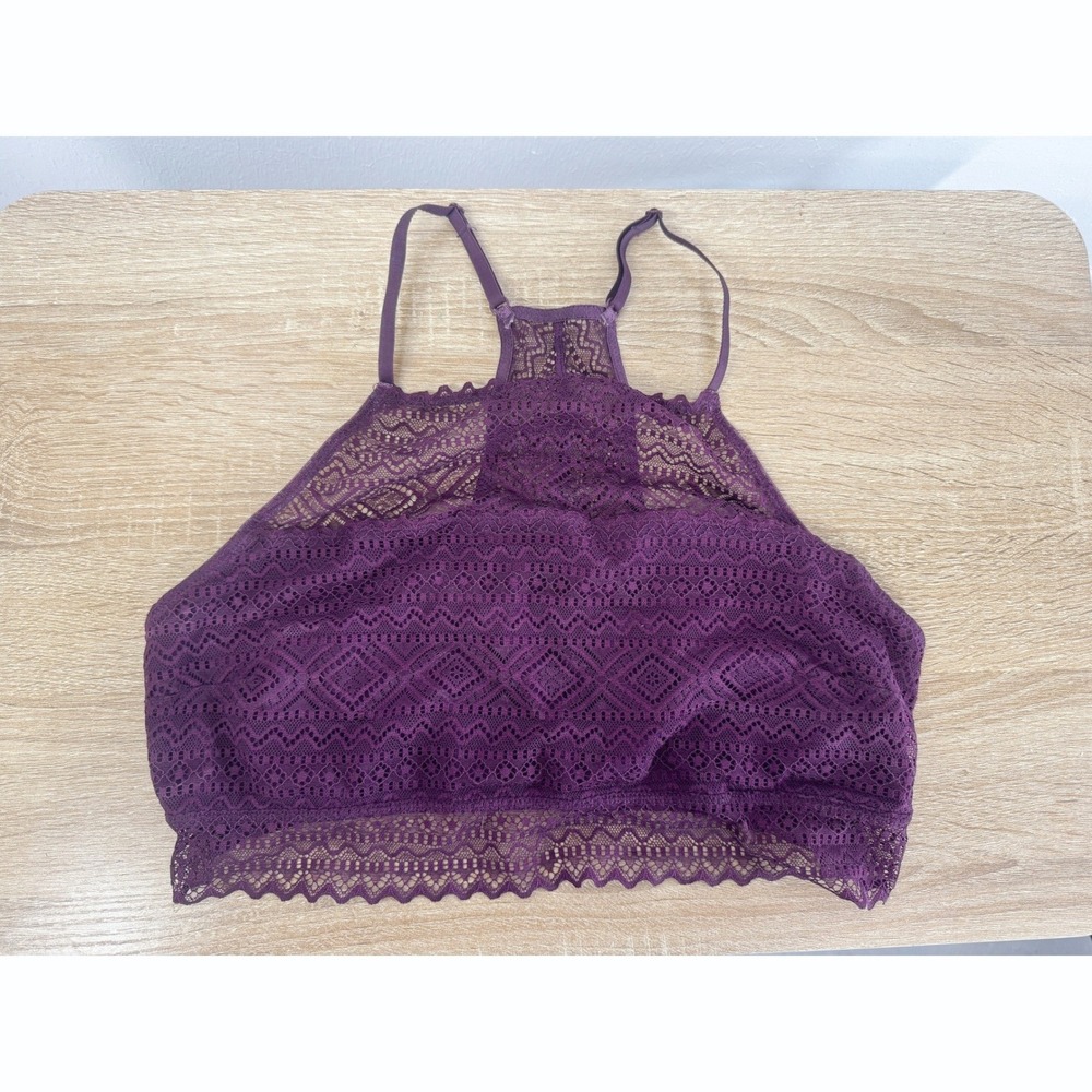 Mae Burgundy Geometric Lace Hi-Neck Racerback Bralette Keyhole Back NWOT XL